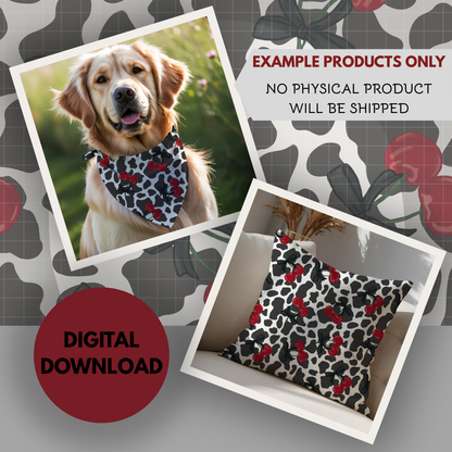 Cow Print and Cherries Seamless Hand Drawn Digital Pattern | 300 DPI PNG | Instant Download