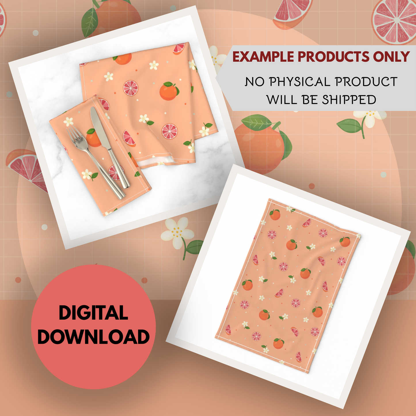 Grapefruits and Blossoms Seamless Hand Drawn Digital Pattern | 300 DPI PNG | Instant Download