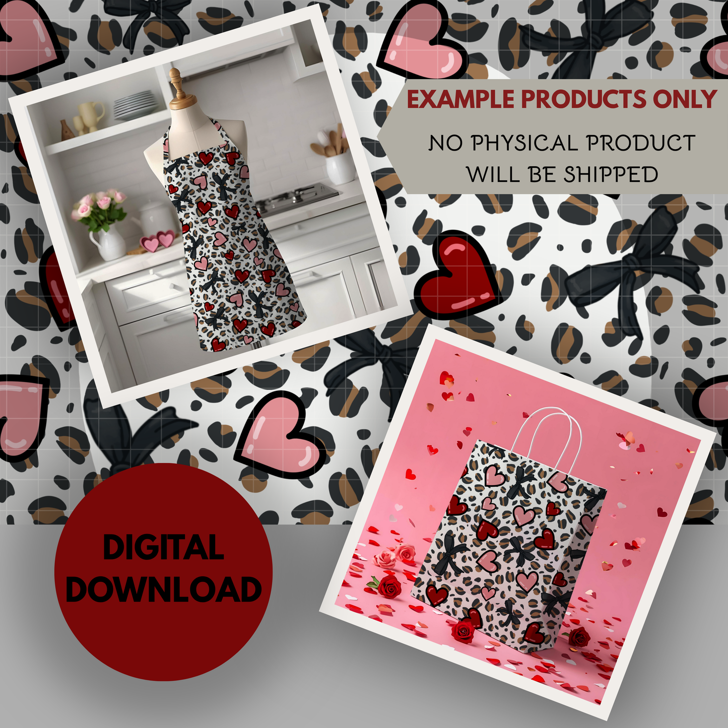 Leopards and Hearts Seamless Hand Drawn Digital Pattern | 300 DPI PNG | Instant Download
