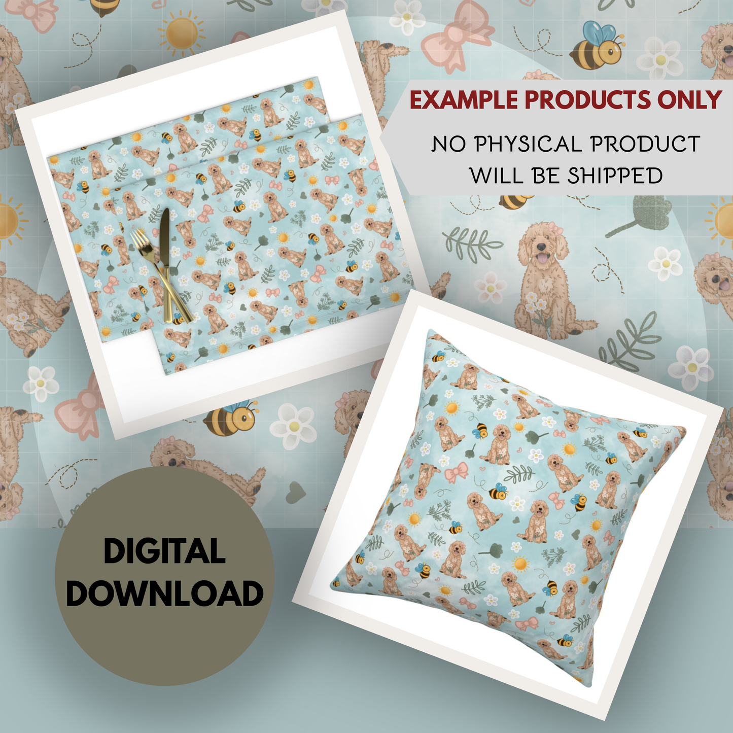 Goldendoodle Spring Seamless Hand Drawn Digital Pattern | 300 DPI PNG | Instant Download