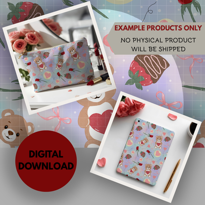 Teddy Bear Valentine Seamless Hand Drawn Digital Pattern | 300 DPI PNG | Instant Download