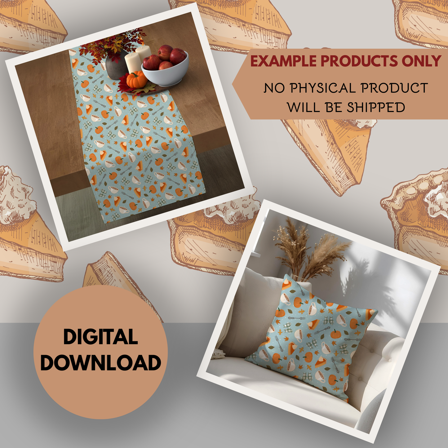 Pumpkin Pie and Coffee Seamless Hand Drawn Digital Pattern | 300 DPI PNG | Instant Download