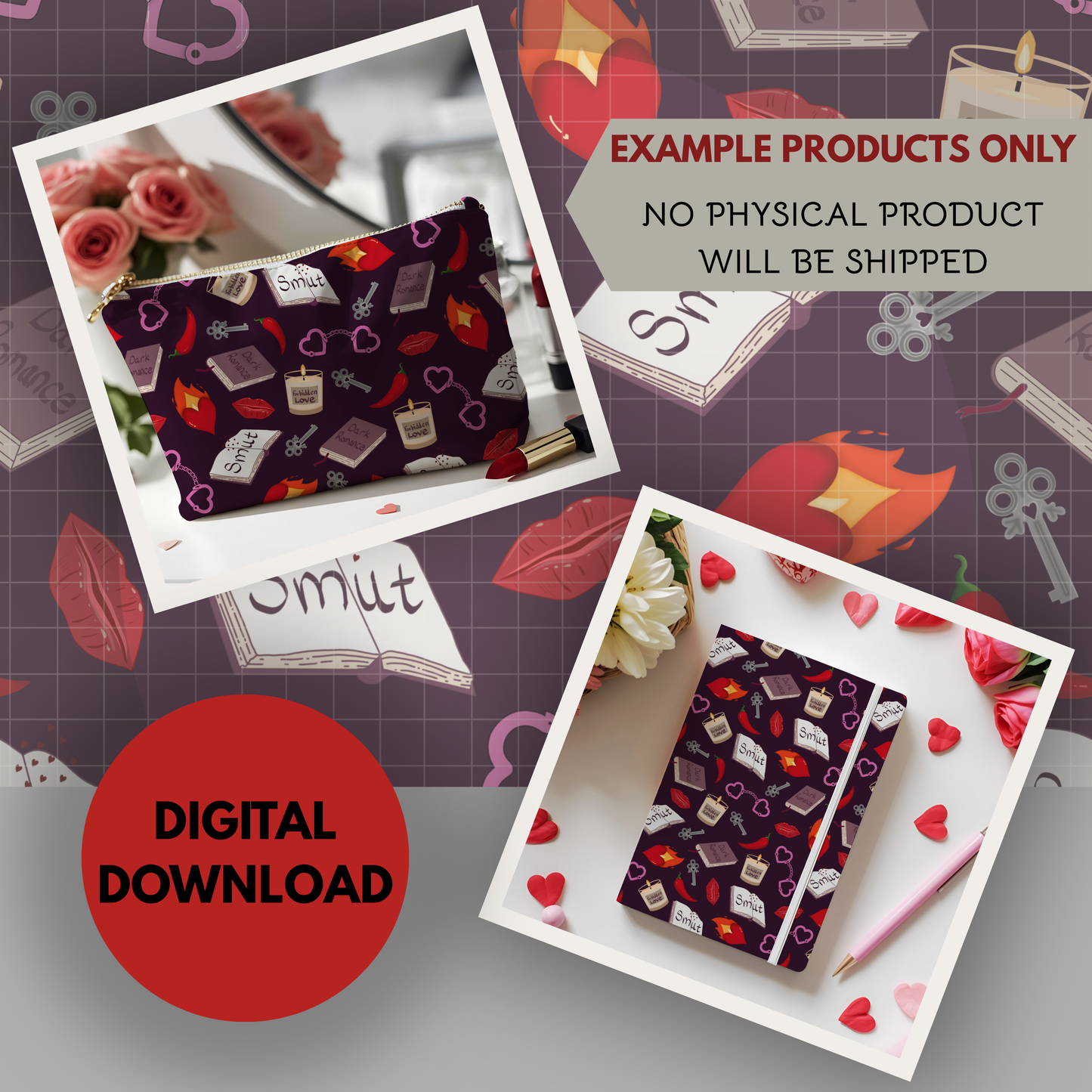 My Smutty Valentine Seamless Hand Drawn Digital Pattern | 300 DPI PNG | Instant Download | 4 background colors | Dark Romance