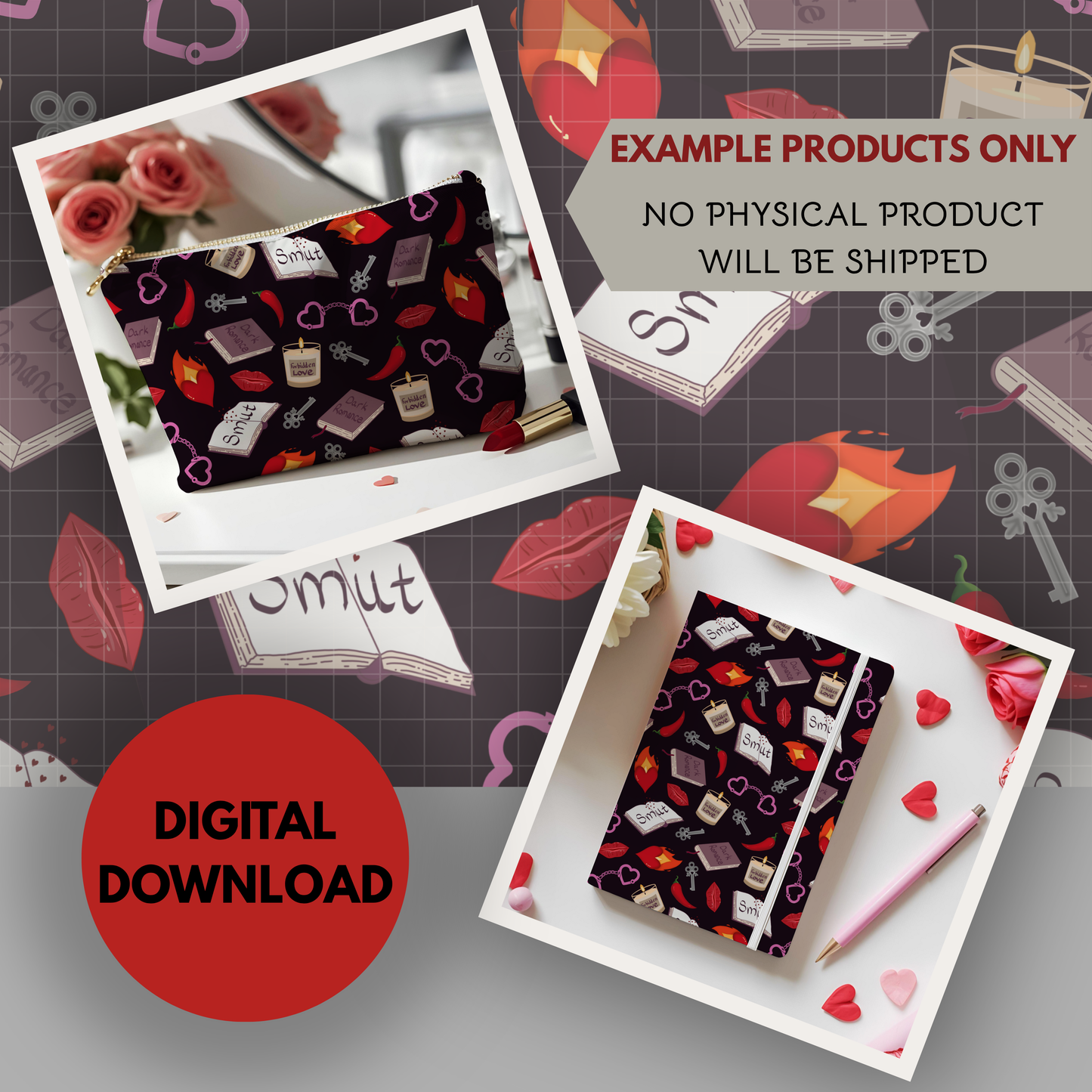 My Smutty Valentine Seamless Hand Drawn Digital Pattern | 300 DPI PNG | Instant Download | 4 background colors | Dark Romance