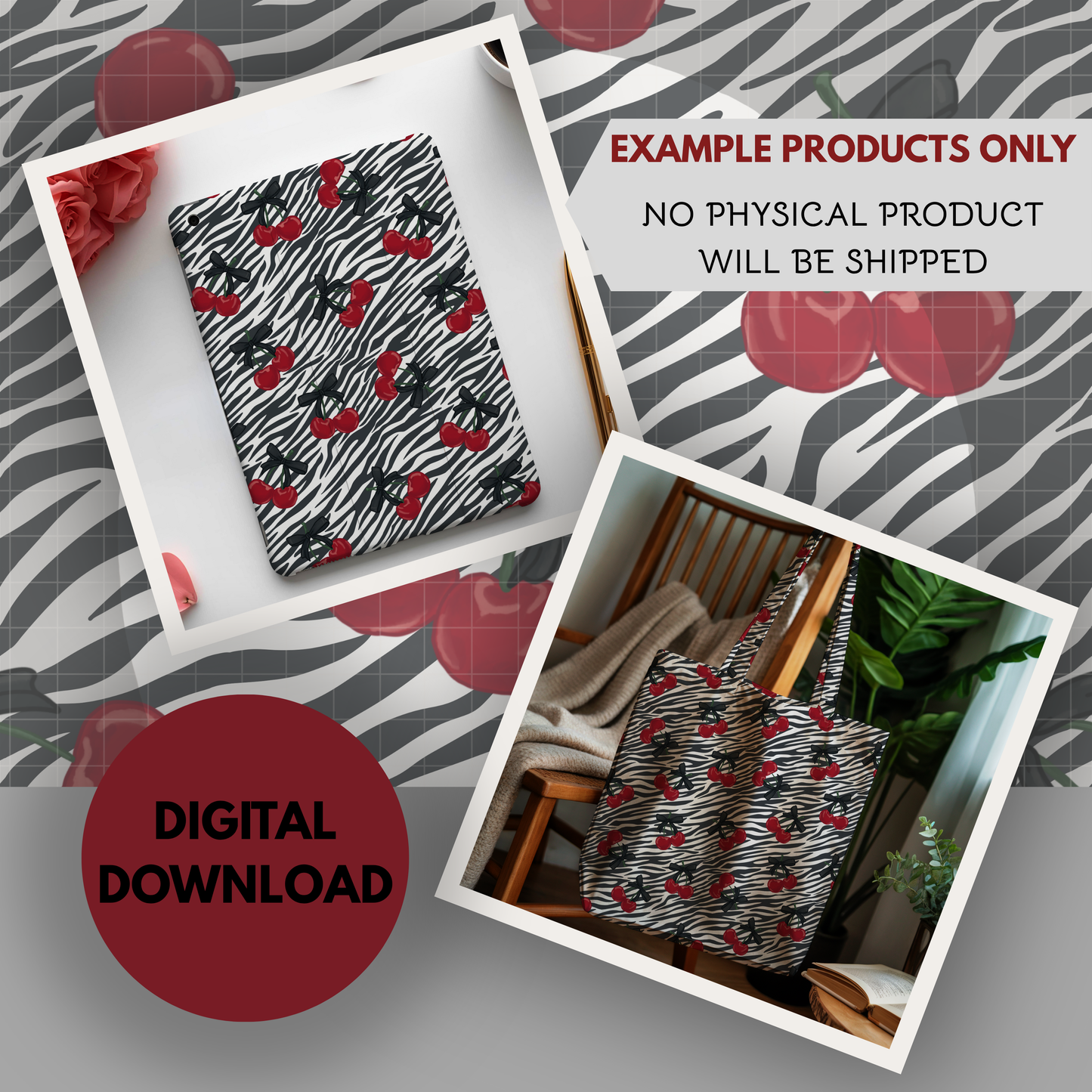 Zebra Print and Cherries Seamless Hand Drawn Digital Pattern | 300 DPI PNG | Instant Download