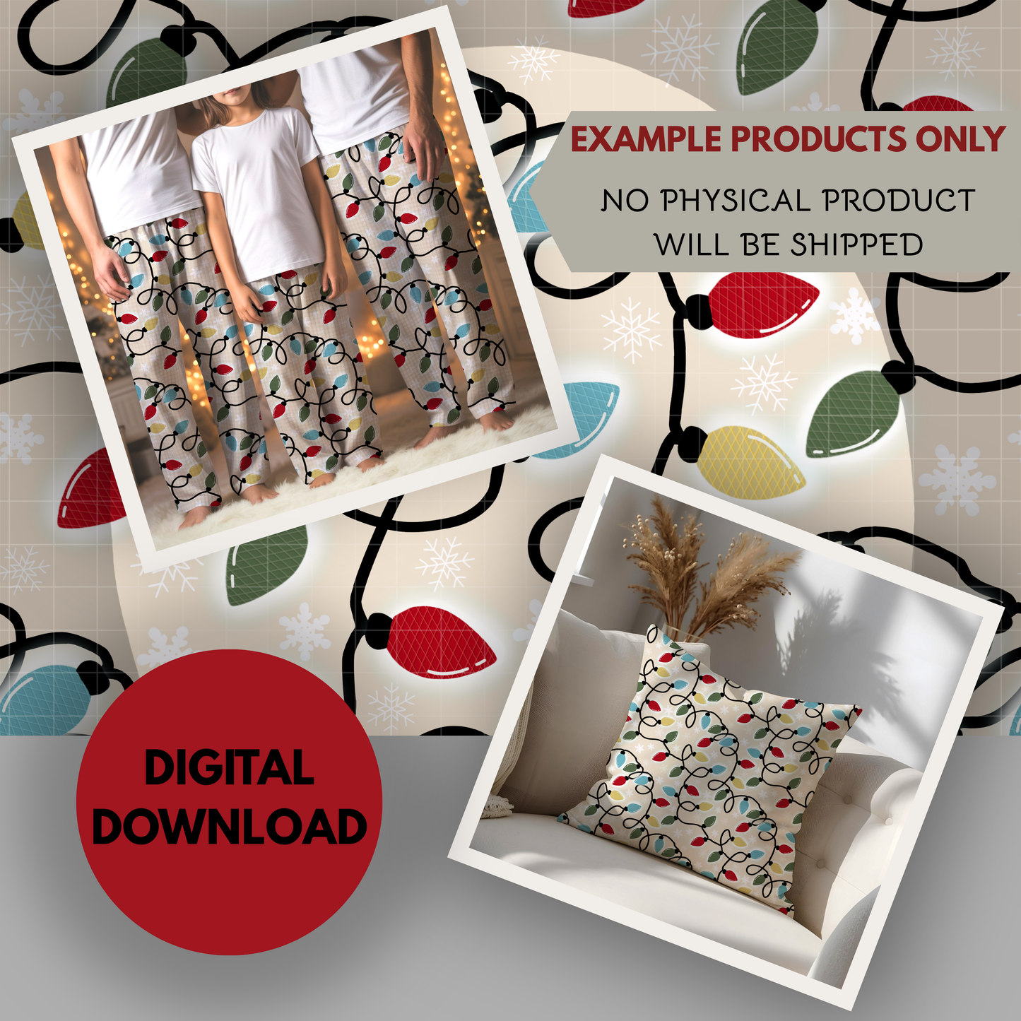 Vintage Christmas Lights Seamless Hand Drawn Digital Pattern | 300 DPI PNG | Instant Download