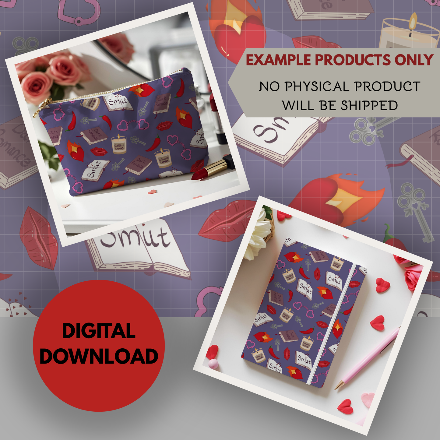 My Smutty Valentine Seamless Hand Drawn Digital Pattern | 300 DPI PNG | Instant Download | 4 background colors | Dark Romance