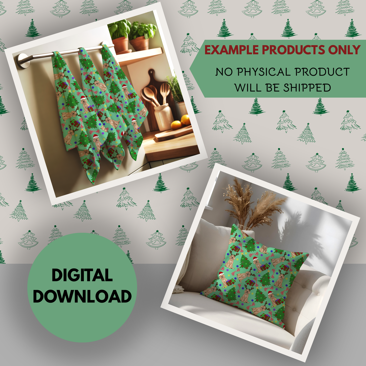 Goldendoodle Christmas Seamless Hand Drawn Digital Pattern | 300 DPI PNG | Instant Download