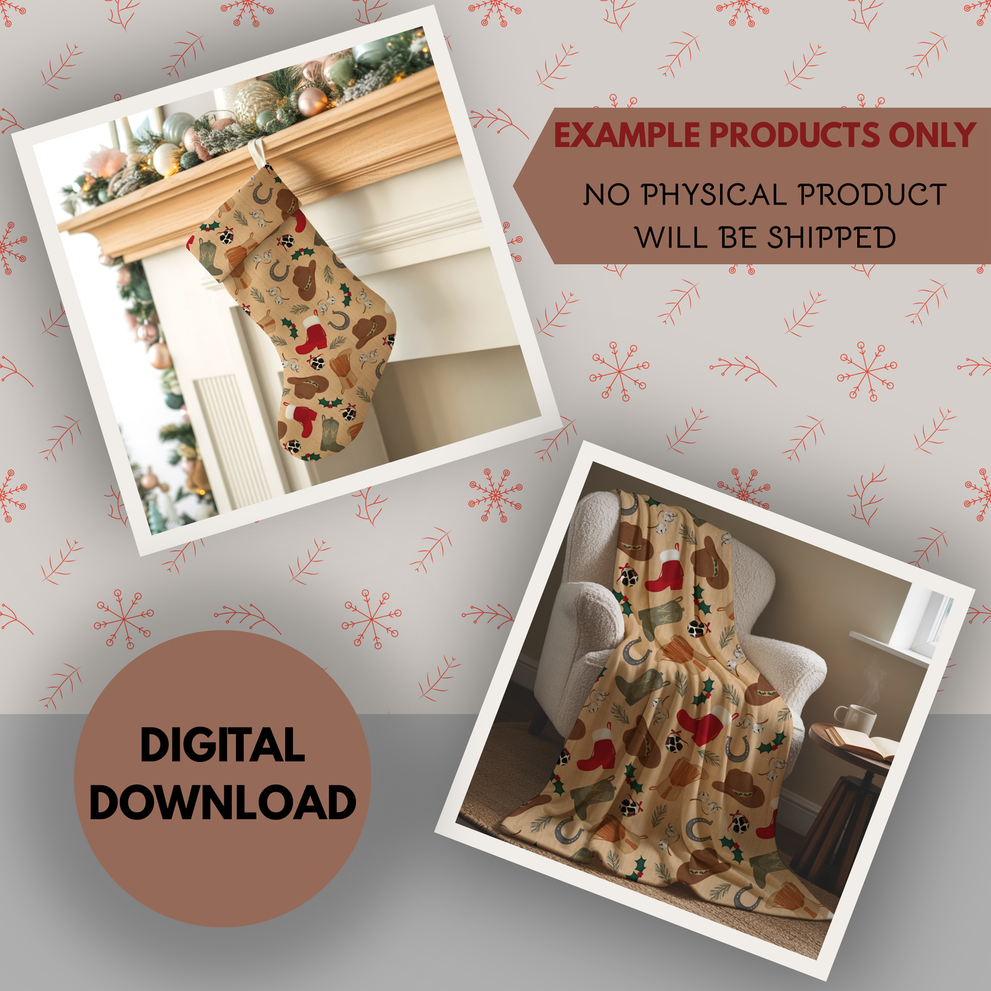 Western Christmas Seamless Hand Drawn Digital Pattern | 300 DPI PNG | Instant Download