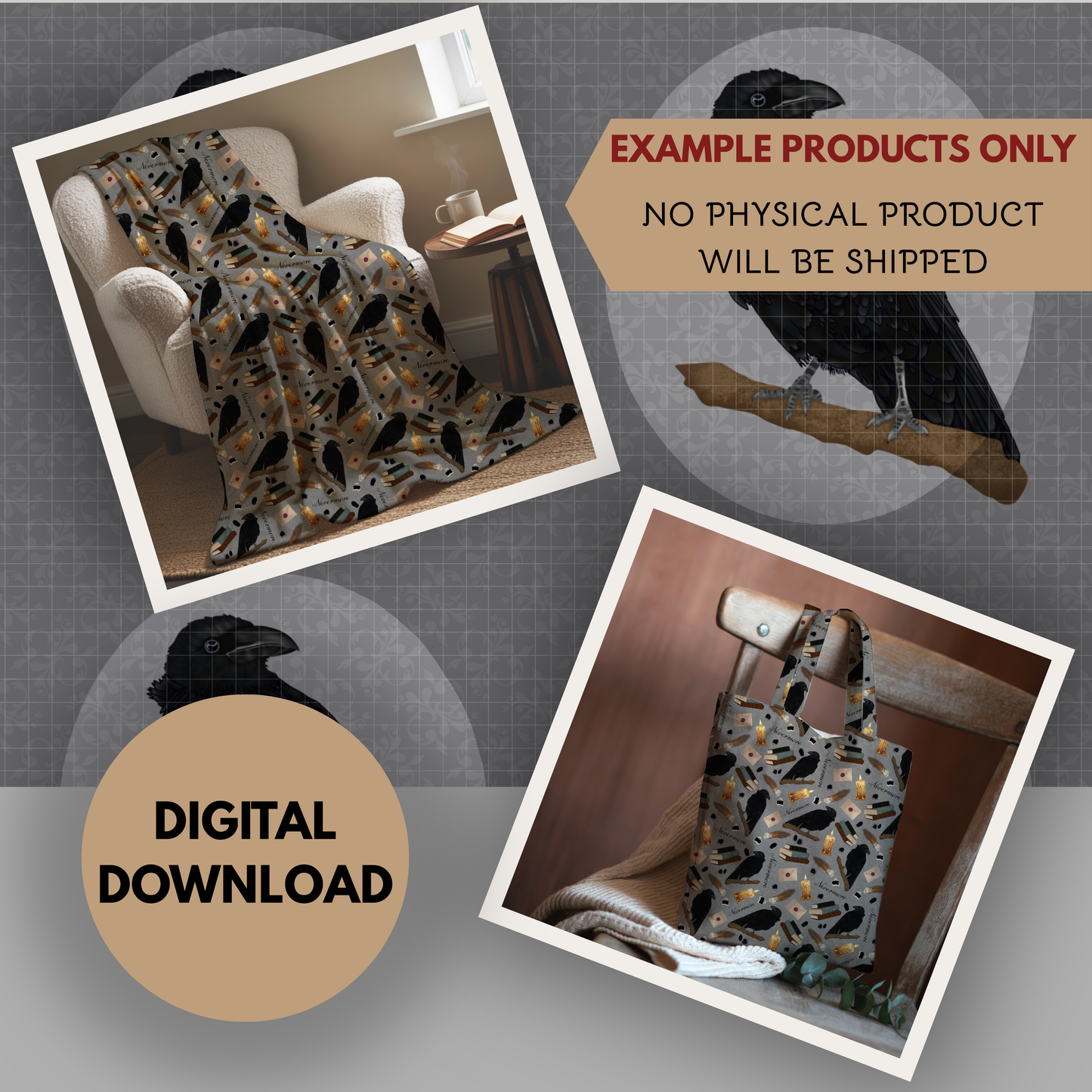 Nevermore Seamless Hand Drawn Digital Pattern | 300 DPI PNG | Instant Download |Edgar Allan Poe | The Raven