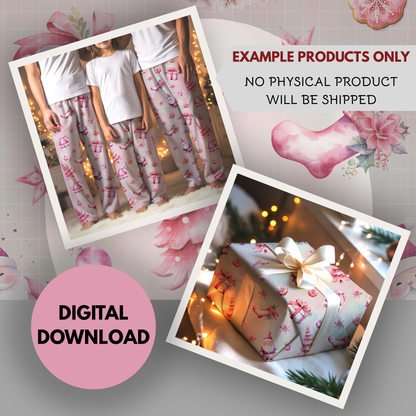 Pink Christmas Seamless Hand Drawn Digital Pattern | 300 DPI PNG | Instant Download
