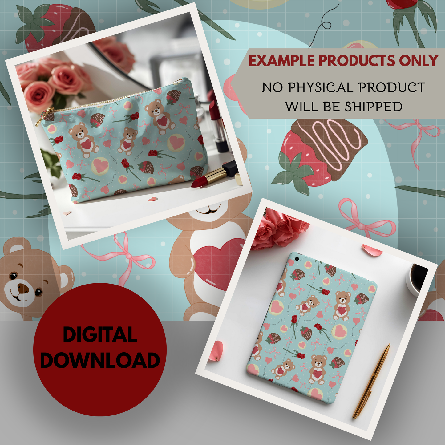 Teddy Bear Valentine Seamless Hand Drawn Digital Pattern | 300 DPI PNG | Instant Download