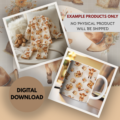 Cute Highland Cow Floral Seamless Hand Drawn Digital Pattern | 300 DPI PNG | Instant Download