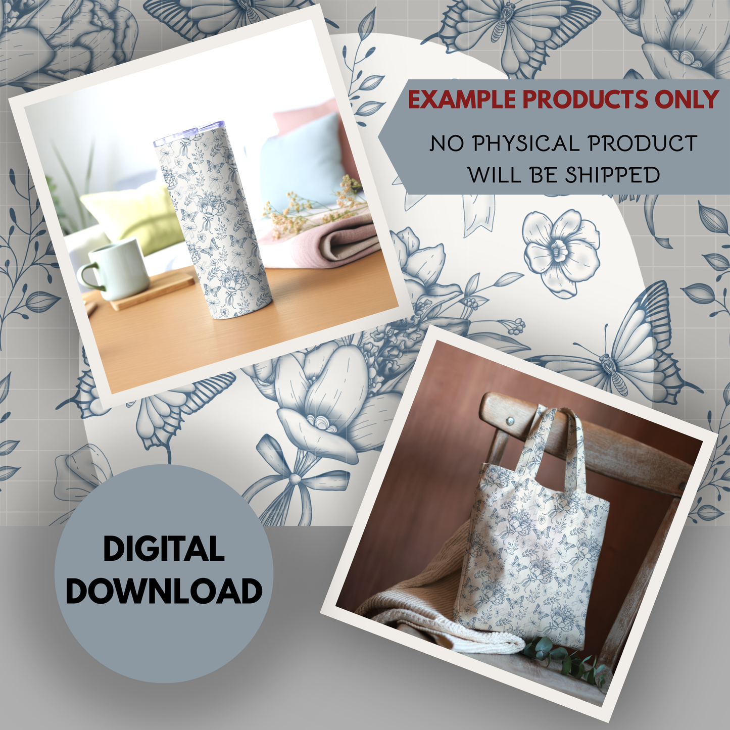 Toile De Jouy Bouquet in blue Seamless Hand Drawn Digital Pattern | 300 DPI PNG | Instant Download