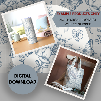 Toile De Jouy Bouquet in blue Seamless Hand Drawn Digital Pattern | 300 DPI PNG | Instant Download