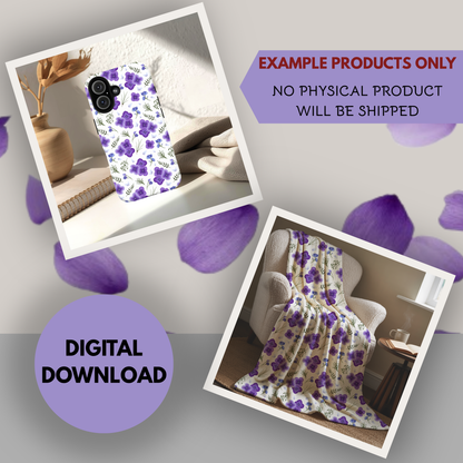 Amethyst Meadows white background Seamless Hand Drawn Digital Pattern | 300 DPI PNG | Instant Download