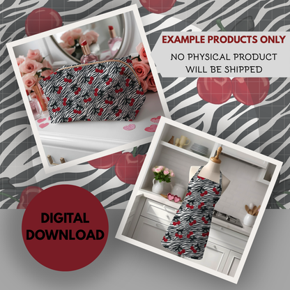 Zebra Print and Cherries Seamless Hand Drawn Digital Pattern | 300 DPI PNG | Instant Download