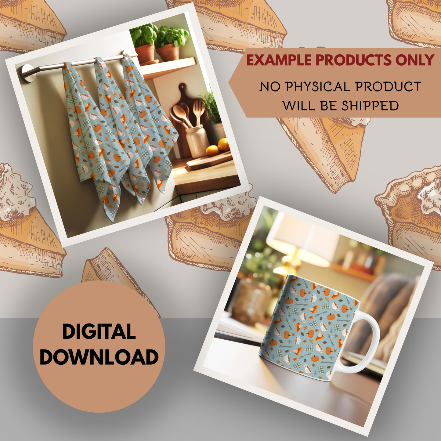 Pumpkin Pie and Coffee Seamless Hand Drawn Digital Pattern | 300 DPI PNG | Instant Download