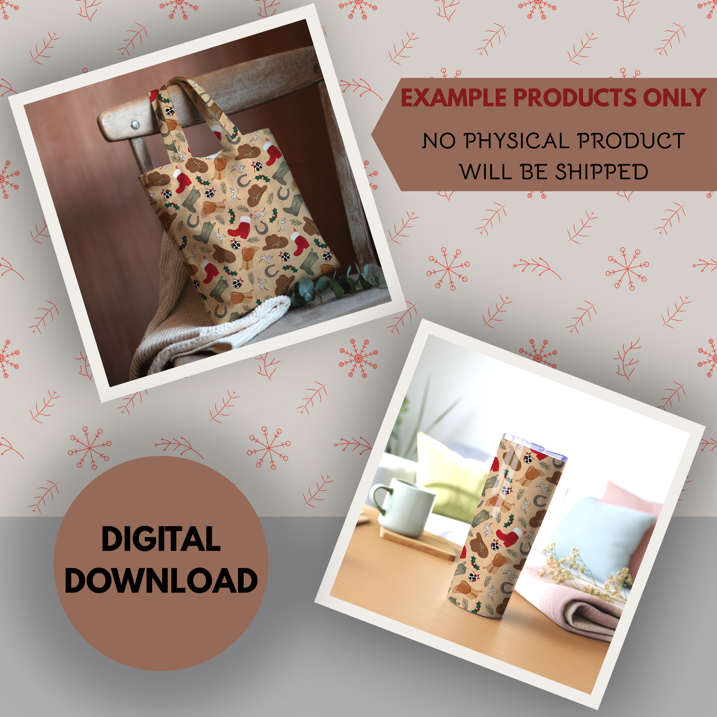 Western Christmas Seamless Hand Drawn Digital Pattern | 300 DPI PNG | Instant Download