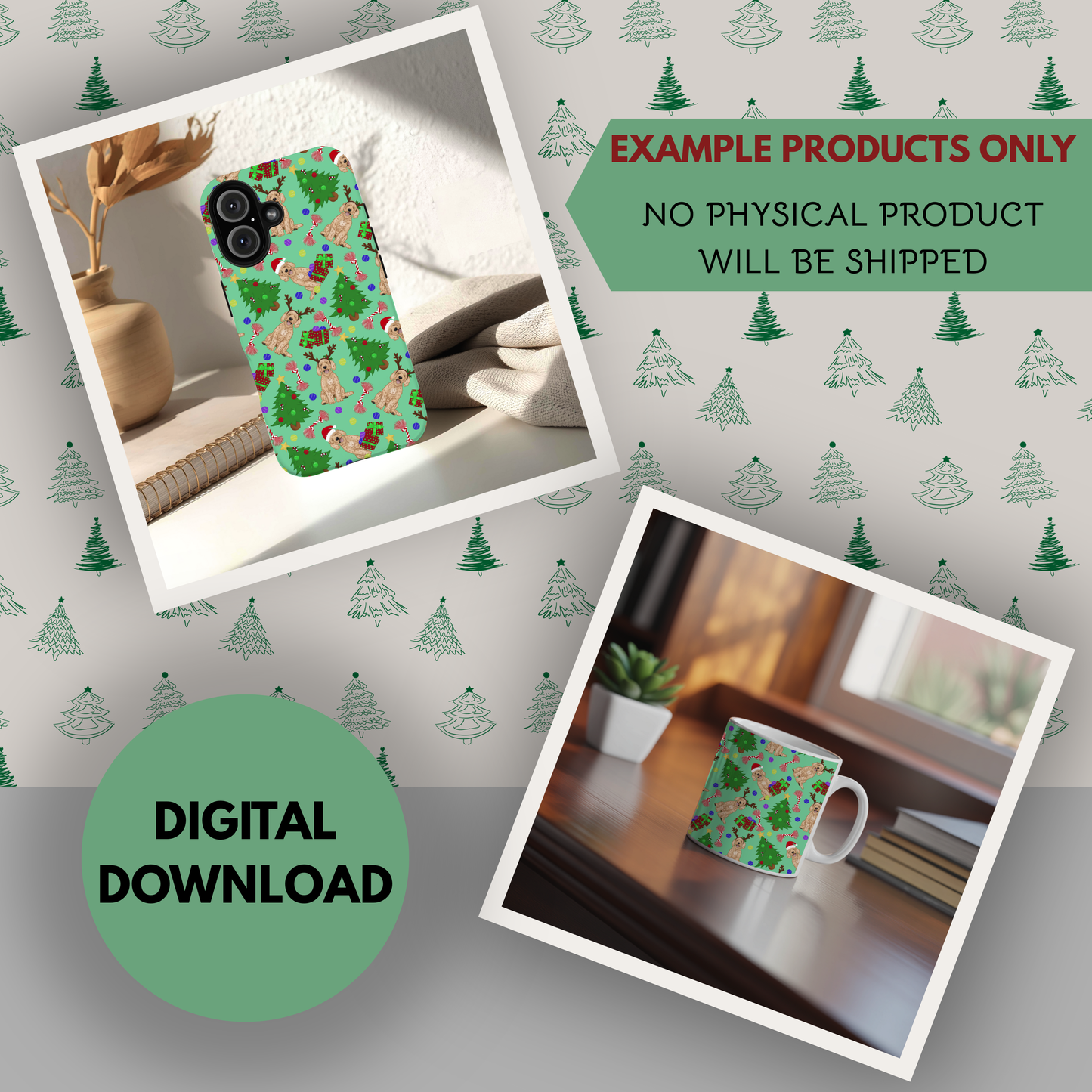 Goldendoodle Christmas Seamless Hand Drawn Digital Pattern | 300 DPI PNG | Instant Download