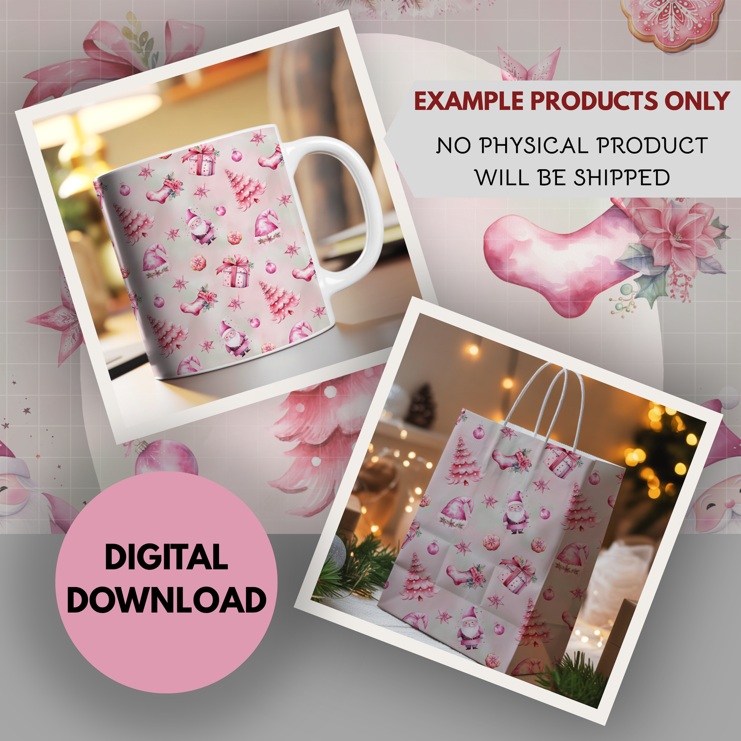 Pink Christmas Seamless Hand Drawn Digital Pattern | 300 DPI PNG | Instant Download