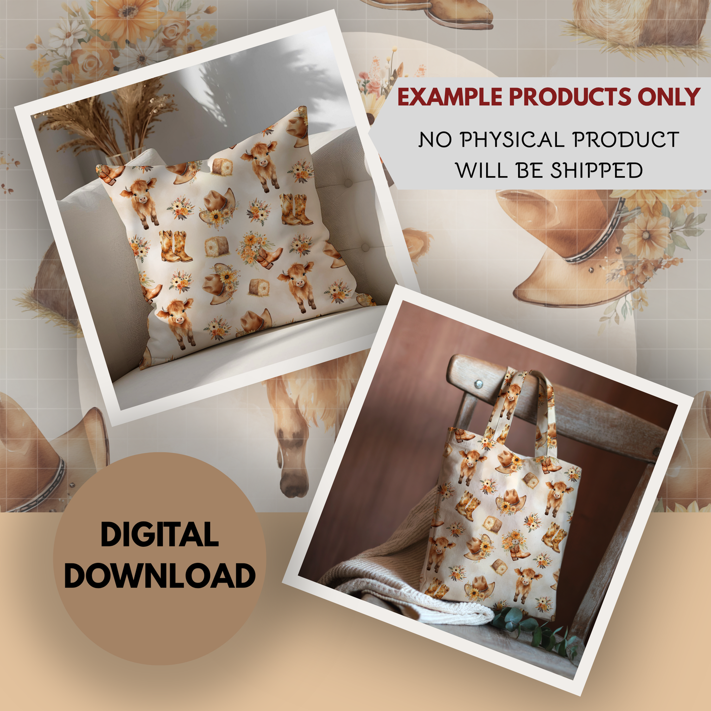 Cute Highland Cow Floral Seamless Hand Drawn Digital Pattern | 300 DPI PNG | Instant Download