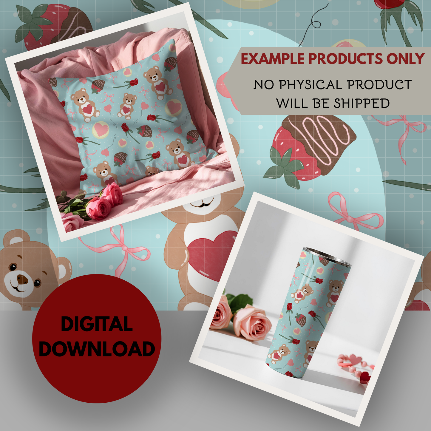 Teddy Bear Valentine Seamless Hand Drawn Digital Pattern | 300 DPI PNG | Instant Download