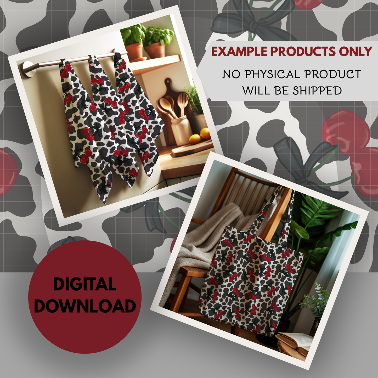 Cow Print and Cherries Seamless Hand Drawn Digital Pattern | 300 DPI PNG | Instant Download