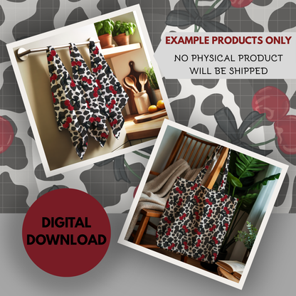 Cow Print and Cherries Seamless Hand Drawn Digital Pattern | 300 DPI PNG | Instant Download
