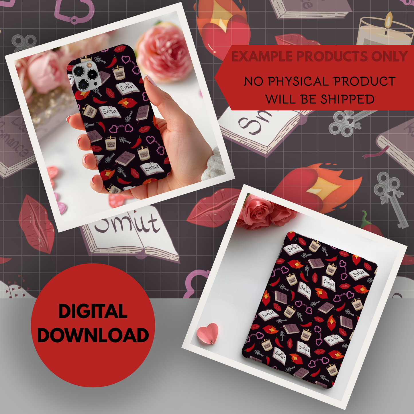 My Smutty Valentine Seamless Hand Drawn Digital Pattern | 300 DPI PNG | Instant Download | 4 background colors | Dark Romance