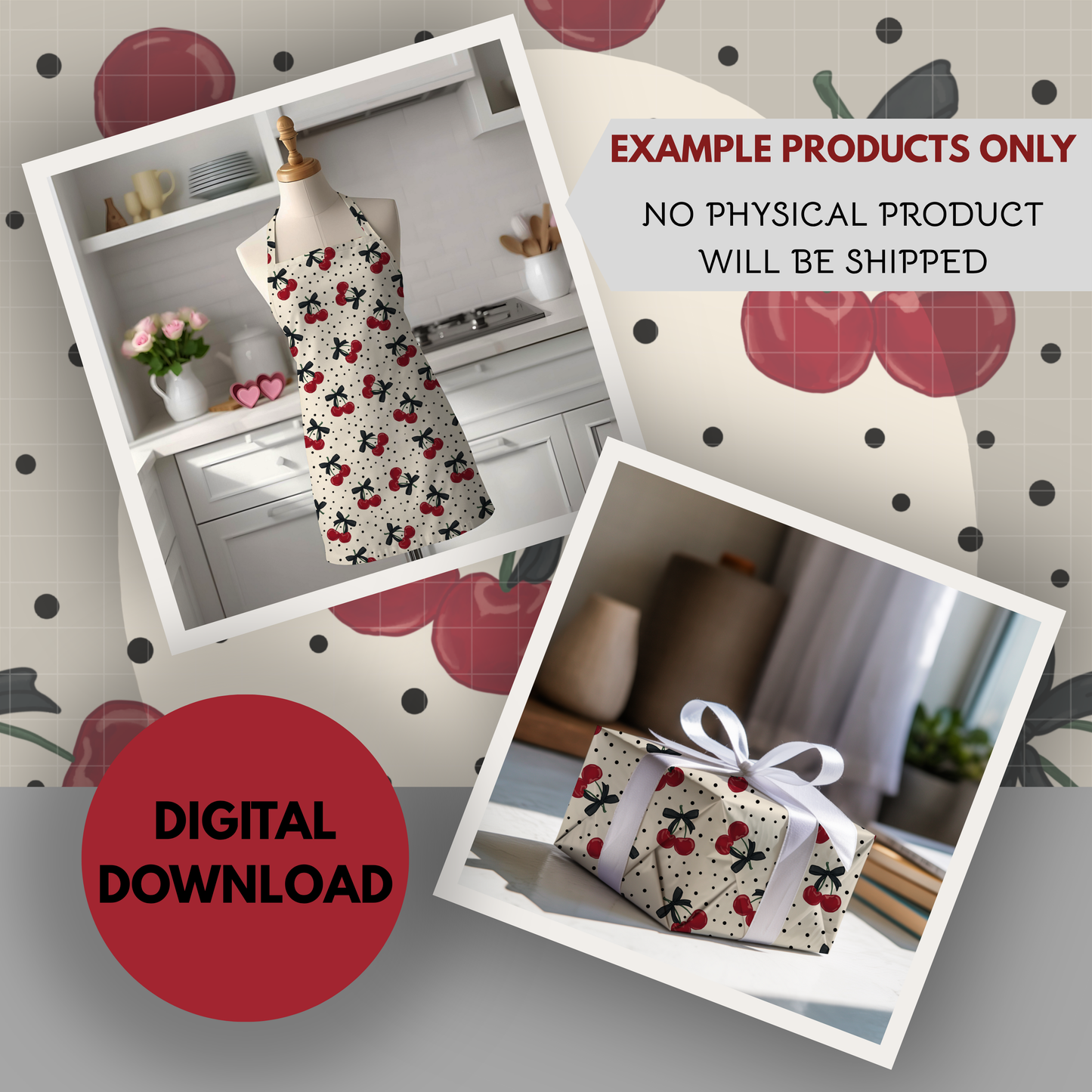 Polka Dots and Cherries Seamless Hand Drawn Digital Pattern | 300 DPI PNG | Instant Download