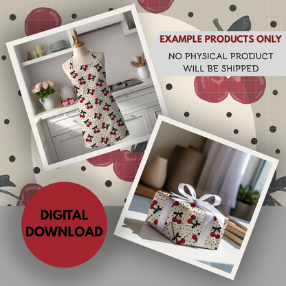 Polka Dots and Cherries Seamless Hand Drawn Digital Pattern | 300 DPI PNG | Instant Download