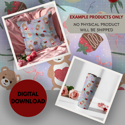 Teddy Bear Valentine Seamless Hand Drawn Digital Pattern | 300 DPI PNG | Instant Download