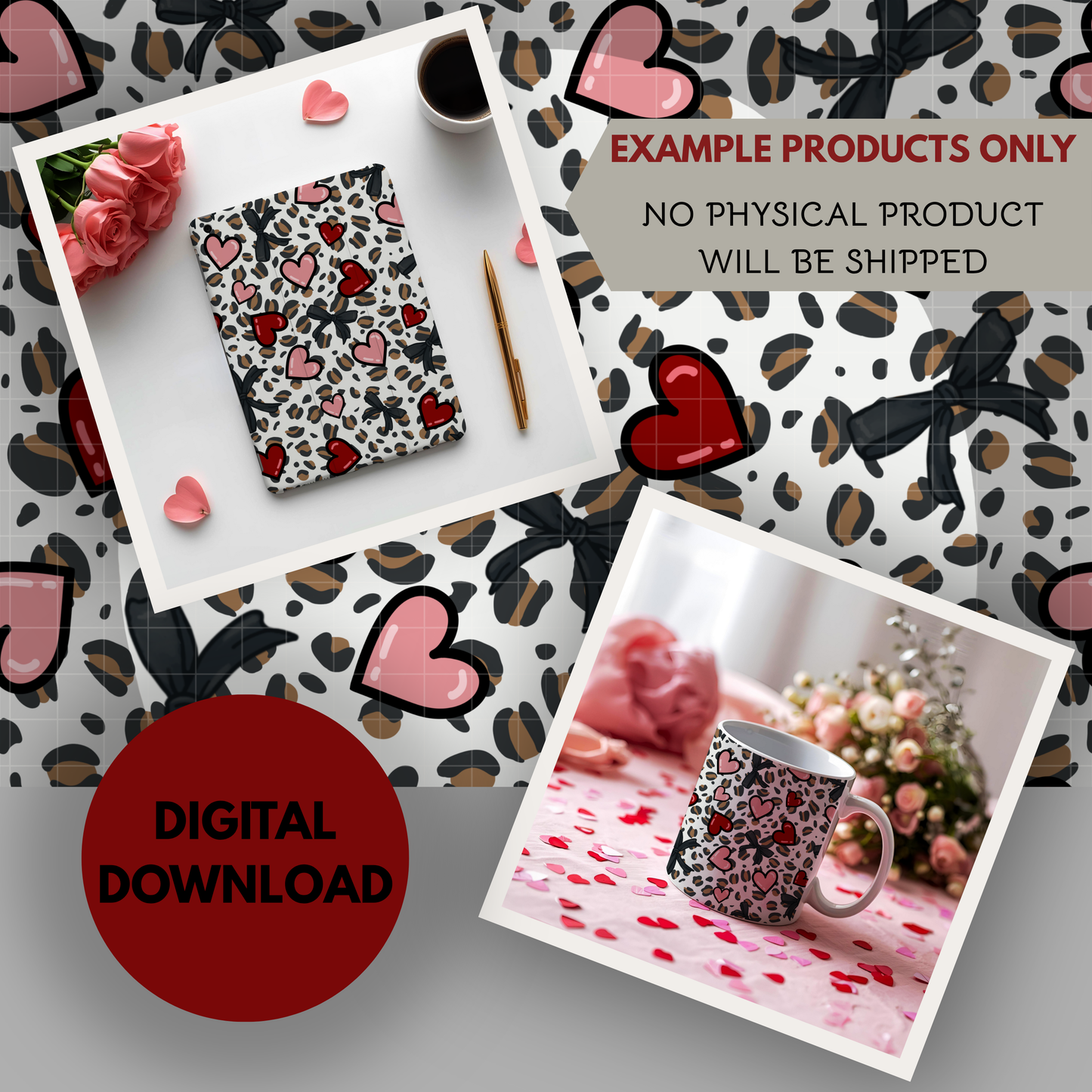Leopards and Hearts Seamless Hand Drawn Digital Pattern | 300 DPI PNG | Instant Download