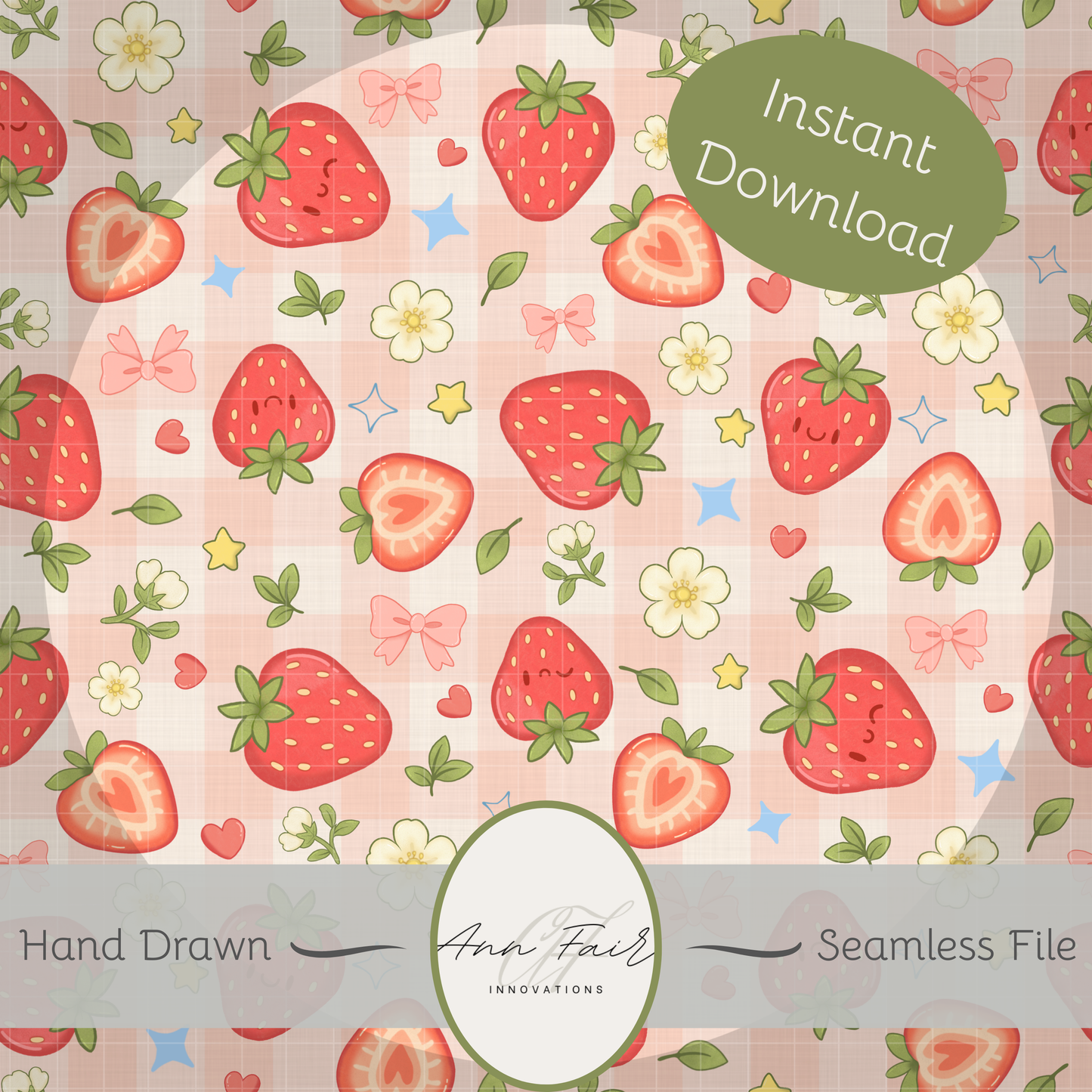Strawberry Patch Seamless Hand Drawn Digital Pattern | 300 DPI PNG | Instant Download