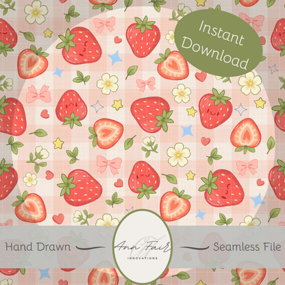 Strawberry Patch Seamless Hand Drawn Digital Pattern | 300 DPI PNG | Instant Download