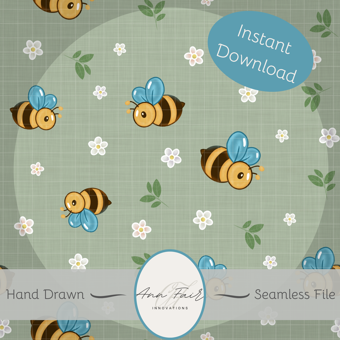 Bees and Daisies Seamless Hand Drawn Digital Pattern | 300 DPI PNG | Instant Download