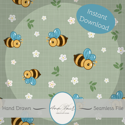 Bees and Daisies Seamless Hand Drawn Digital Pattern | 300 DPI PNG | Instant Download