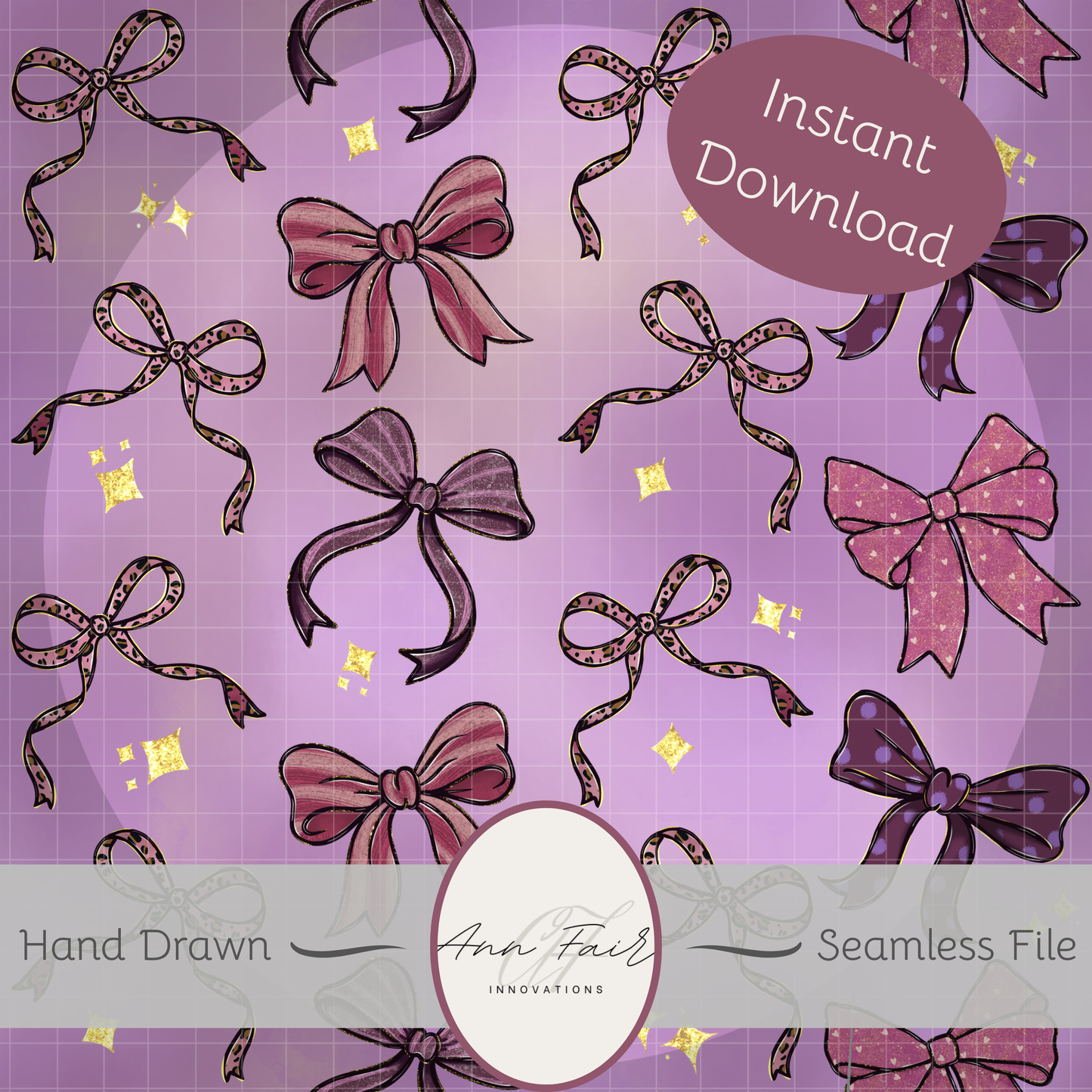 Glitzy Bows Seamless Hand Drawn Digital Pattern | 300 DPI PNG | Instant Download