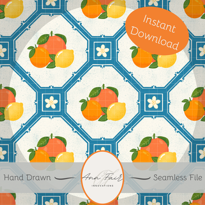Mediterranean Citrus Seamless Hand Drawn Digital Pattern | 300 DPI PNG | Instant Download