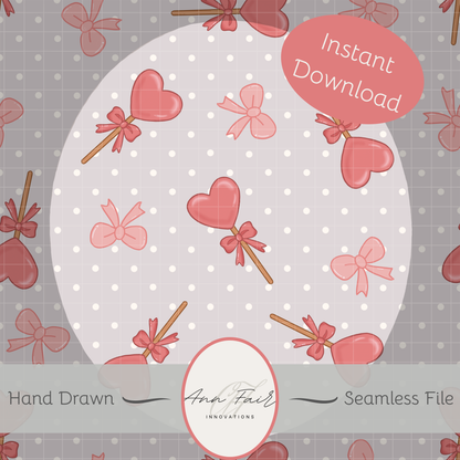Lollipops and Bows Seamless Hand Drawn Digital Pattern | 300 DPI PNG | Instant Download