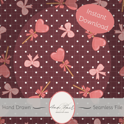 Lollipops and Bows Seamless Hand Drawn Digital Pattern | 300 DPI PNG | Instant Download