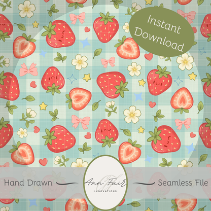 Strawberry Patch Seamless Hand Drawn Digital Pattern | 300 DPI PNG | Instant Download