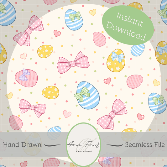 Coquette Gingham Easter Eggs Seamless Hand Drawn Digital Pattern | 300 DPI PNG | Instant Download