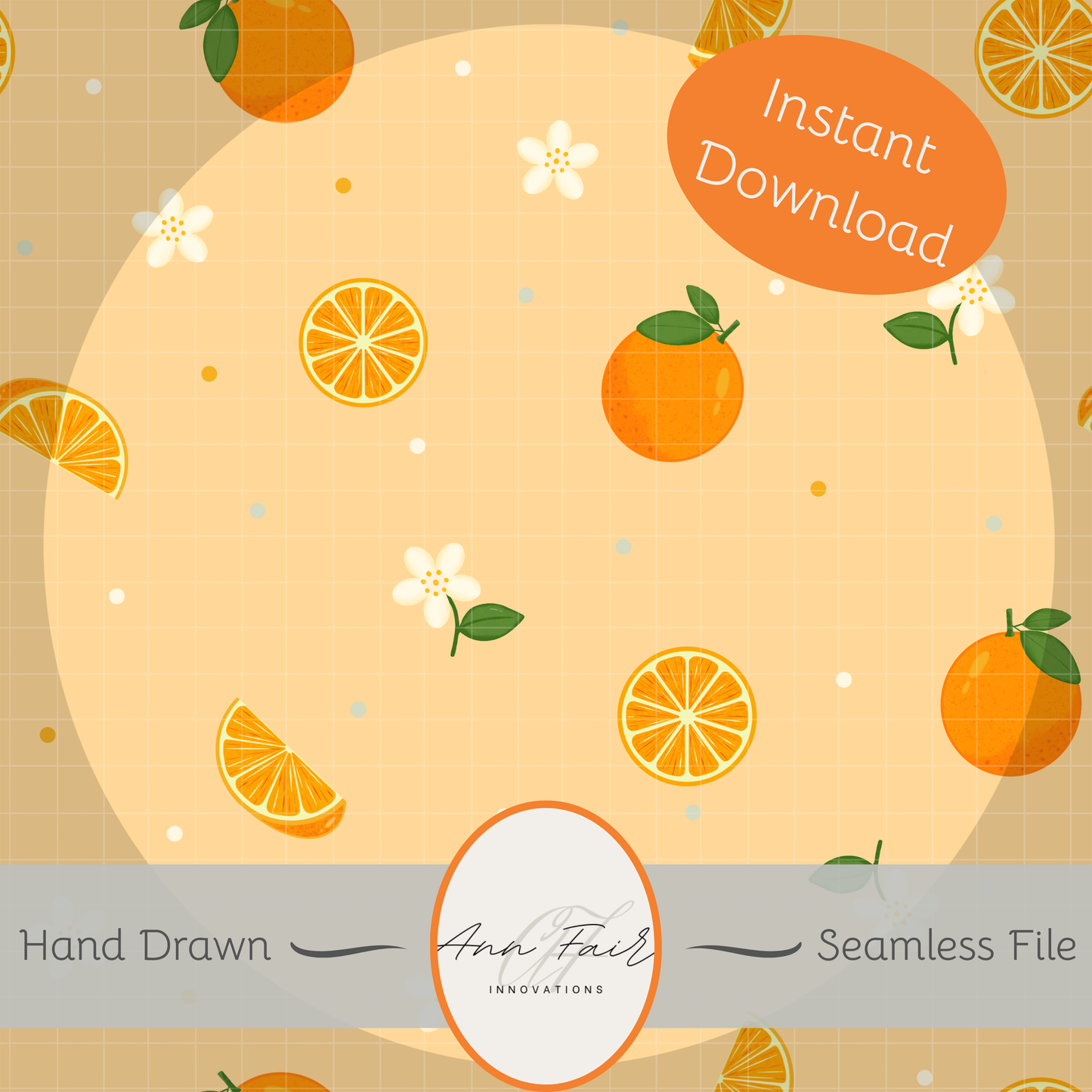 Oranges and Blossoms Seamless Hand Drawn Digital Pattern | 300 DPI PNG | Instant Download