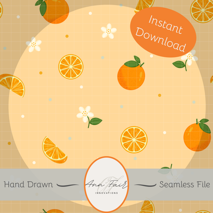 Oranges and Blossoms Seamless Hand Drawn Digital Pattern | 300 DPI PNG | Instant Download