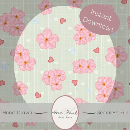 Cherry Blossoms Seamless Hand Drawn Digital Pattern | 300 DPI PNG | Instant Download
