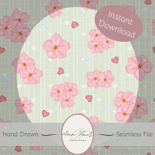 Cherry Blossoms Seamless Hand Drawn Digital Pattern | 300 DPI PNG | Instant Download