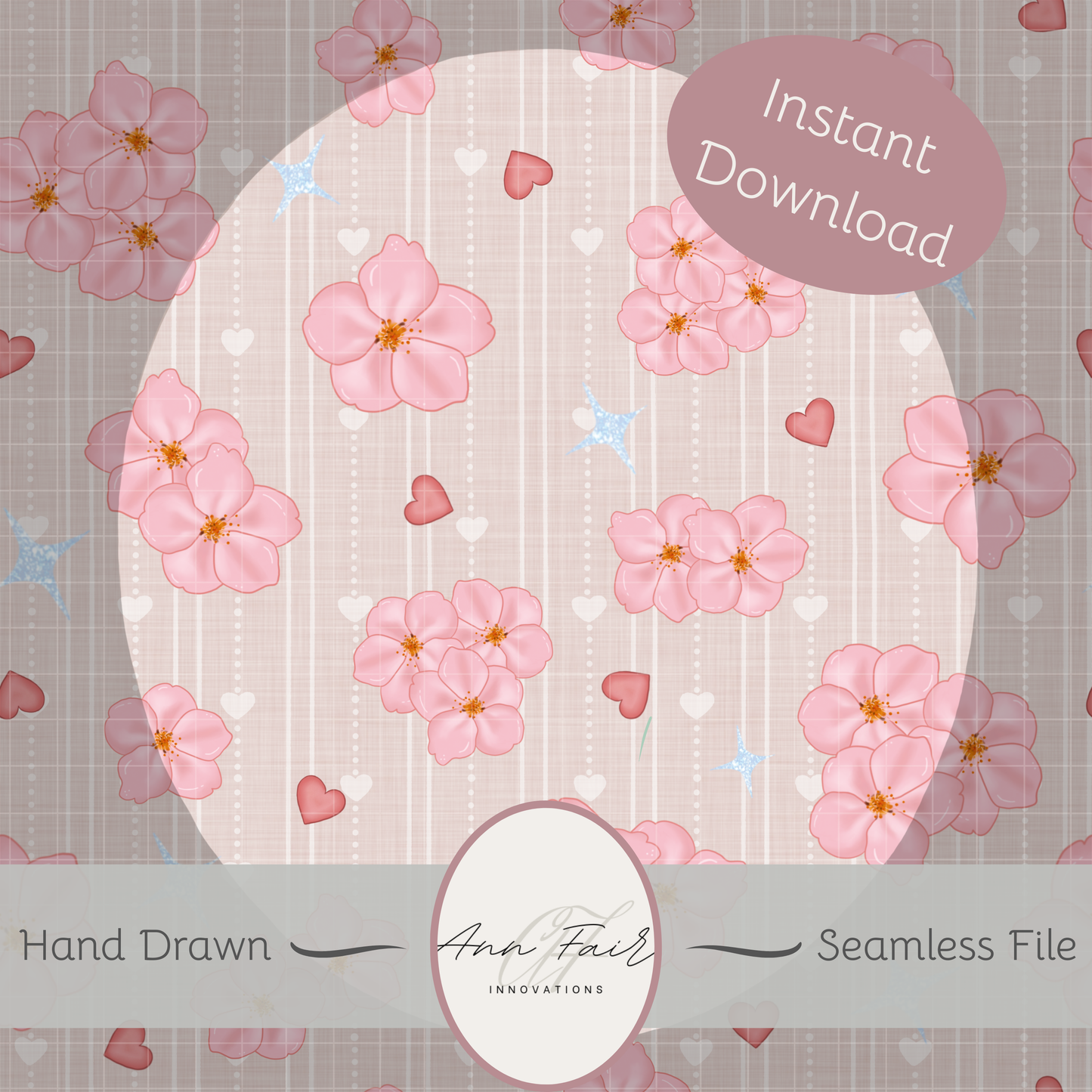 Cherry Blossoms Seamless Hand Drawn Digital Pattern | 300 DPI PNG | Instant Download
