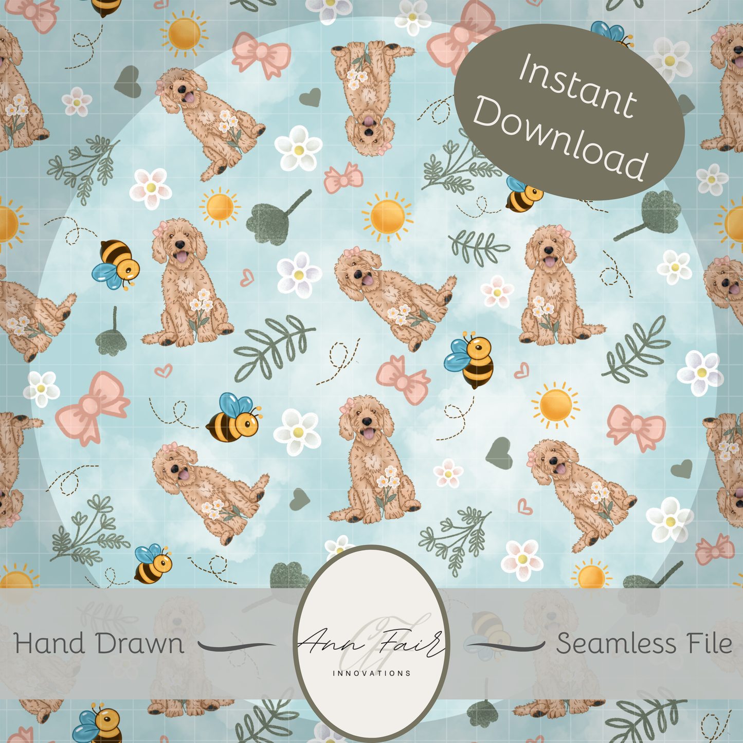Goldendoodle Spring Seamless Hand Drawn Digital Pattern | 300 DPI PNG | Instant Download